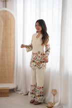 Elegant Off White Magic Slub Cotton Printed Kurta Pant Set