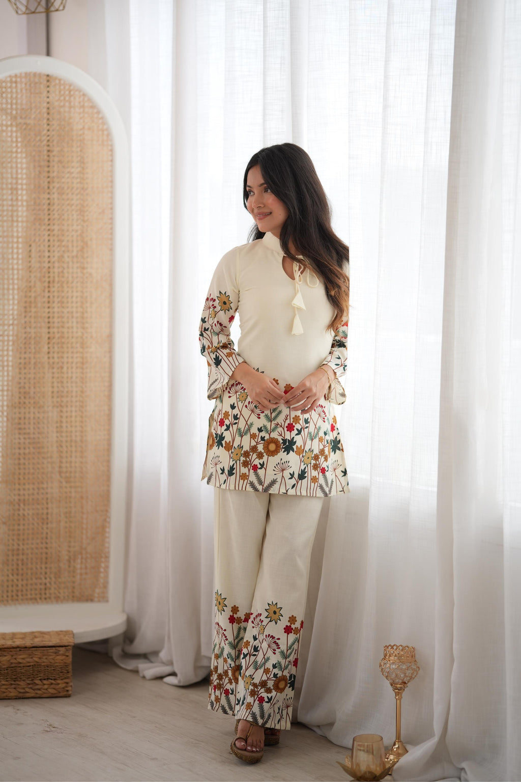 Elegant Off White Magic Slub Cotton Printed Kurta Pant Set