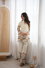 Elegant Off White Magic Slub Cotton Printed Kurta Pant Set