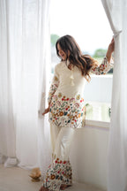 Elegant Off White Magic Slub Cotton Printed Kurta Pant Set