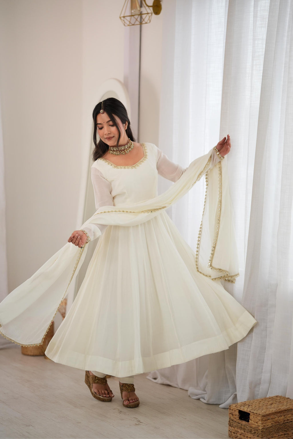 Off White Mal Chanderi Mirror Lace Work Flared Anarkali Suit