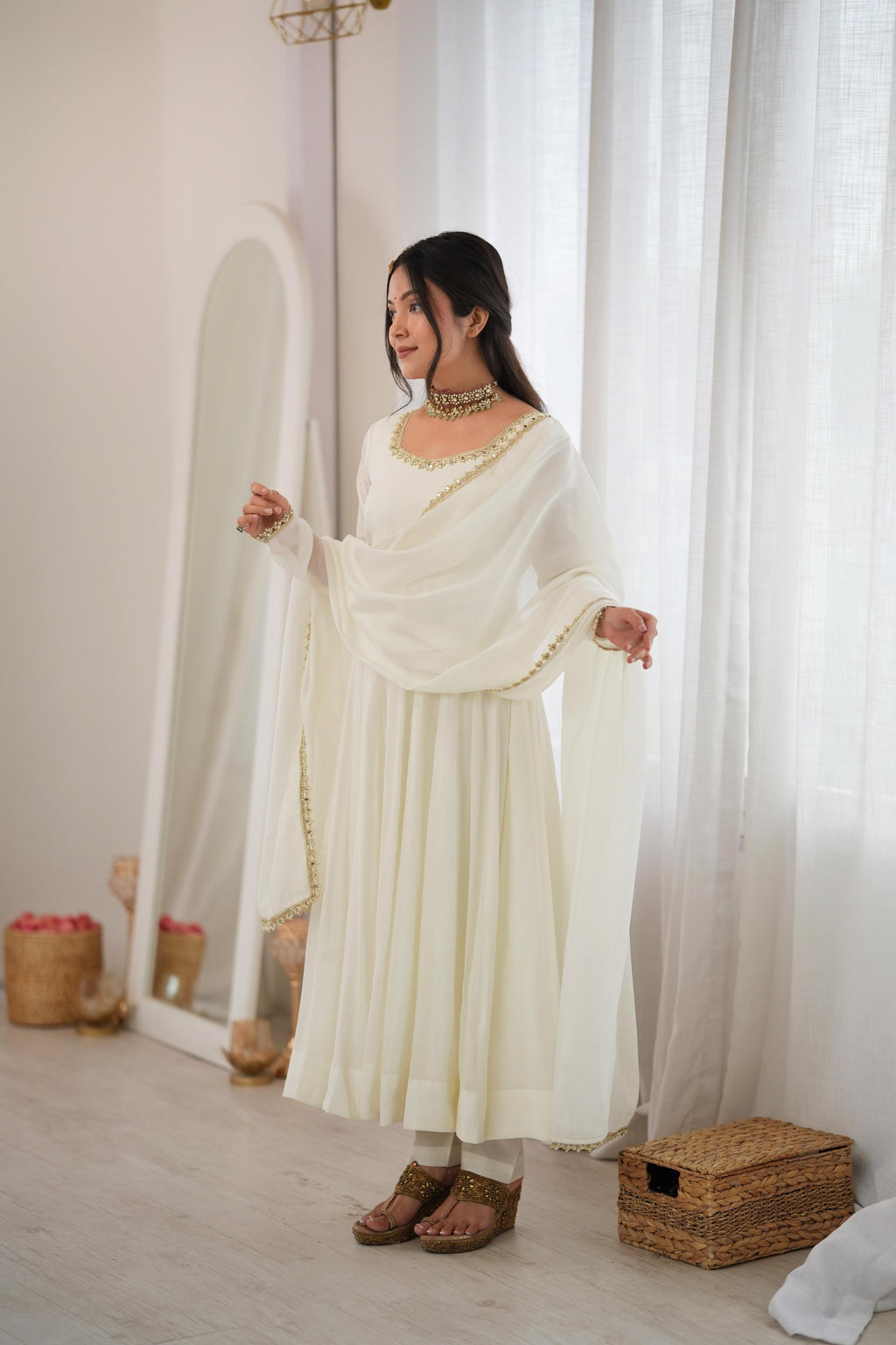 Off White Mal Chanderi Mirror Lace Work Flared Anarkali Suit