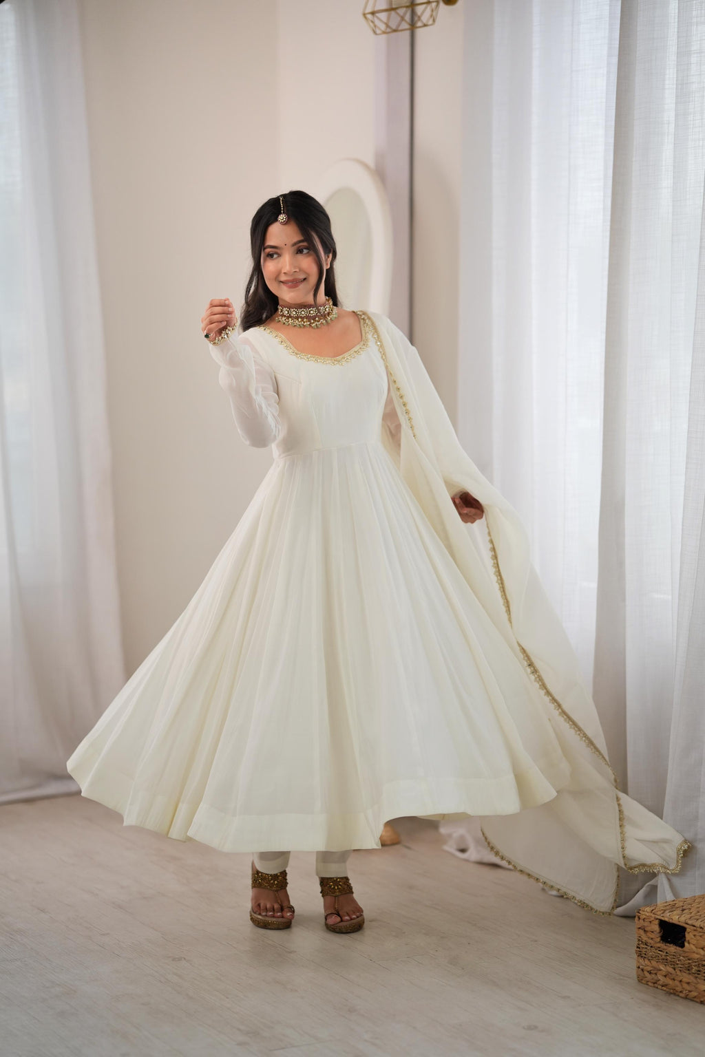 Off White Mal Chanderi Mirror Lace Work Flared Anarkali Suit