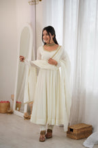 Off White Mal Chanderi Mirror Lace Work Flared Anarkali Suit