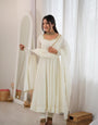 Off White Mal Chanderi Mirror Lace Work Flared Anarkali Suit
