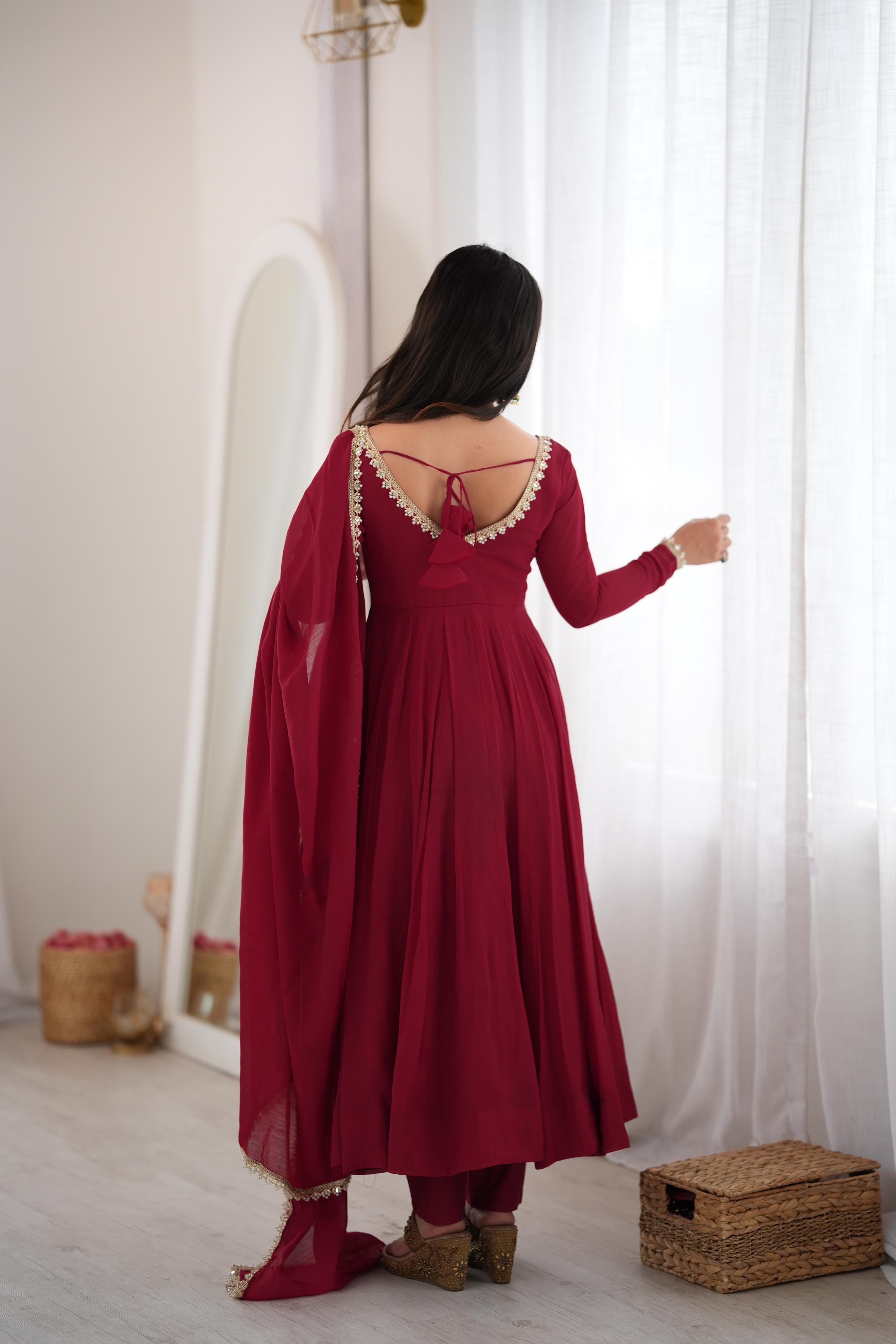 Exclusive Maroon Mal Chanderi 16 Kali Flared Anarkali Suit