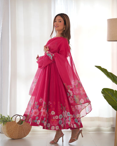 Pure Soft Organza Silk Fabric Fully Flair Kali Pattern and Canvas Patta With Dupatta Set ,Pent Ready to Wear - Pink