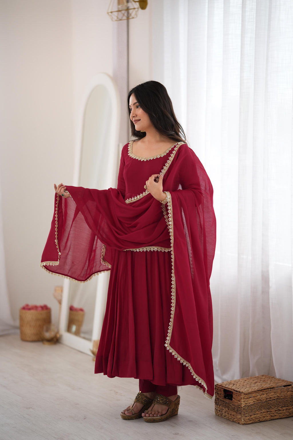 Exclusive Maroon Mal Chanderi 16 Kali Flared Anarkali Suit