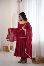 Exclusive Maroon Mal Chanderi 16 Kali Flared Anarkali Suit