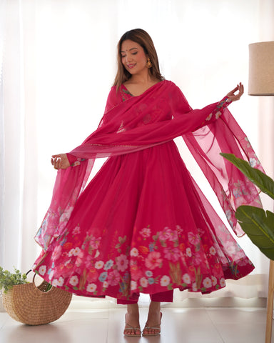 Pure Soft Organza Silk Fabric Fully Flair Kali Pattern and Canvas Patta With Dupatta Set ,Pent Ready to Wear - Pink