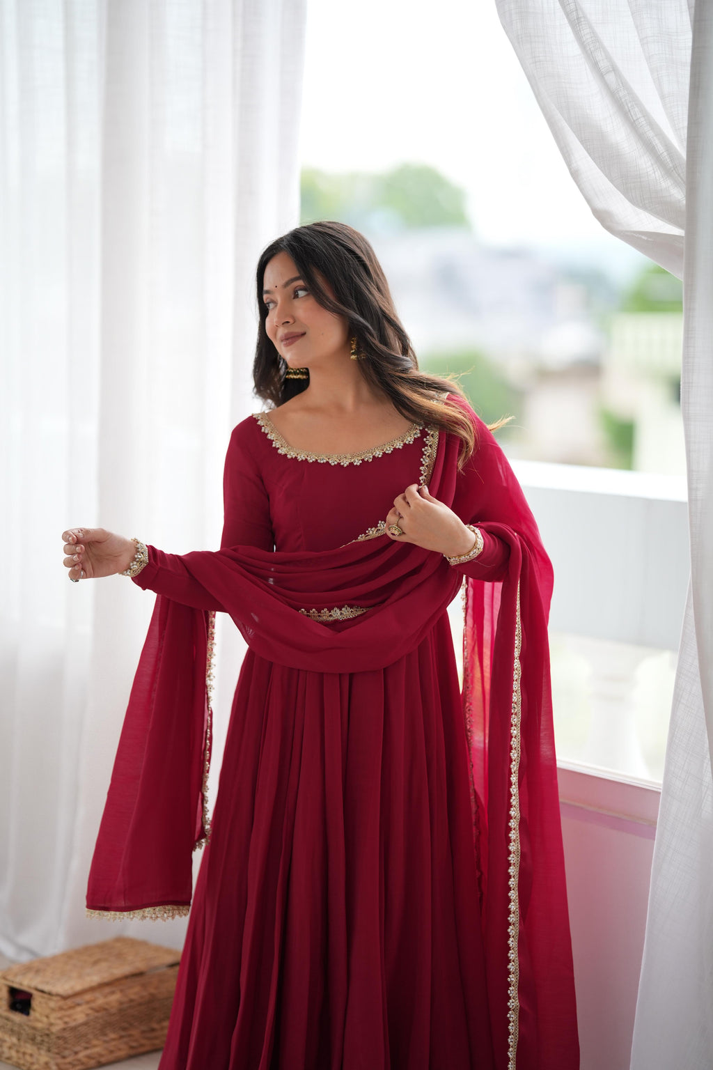 Exclusive Maroon Mal Chanderi 16 Kali Flared Anarkali Suit