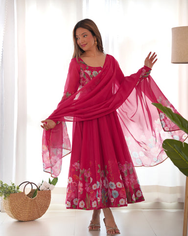 Pure Soft Organza Silk Fabric Fully Flair Kali Pattern and Canvas Patta With Dupatta Set ,Pent Ready to Wear - Pink