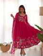 Pure Soft Organza Silk Fabric Fully Flair Kali Pattern and Canvas Patta With Dupatta Set ,Pent Ready to Wear - Pink