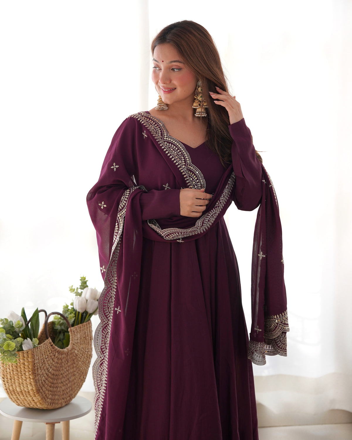 Premium Quality Pure Romansilk Chanderi Fabric Fully Flair Anarkali With Dupatta Set, Pent Ready To Wear-Wine