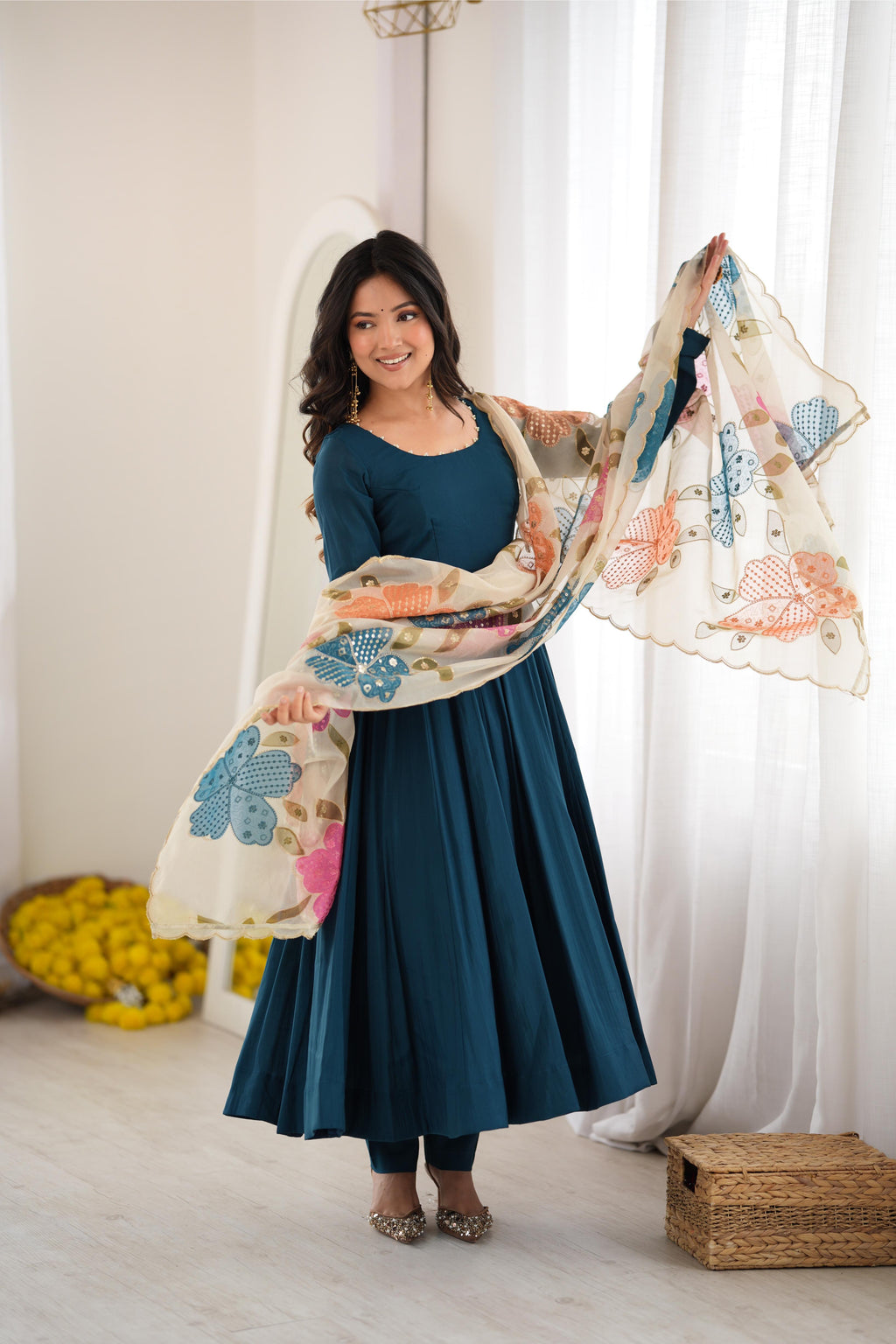 Stylish Teal Roman Silk Anarkali Gown Set | Tulip Designer