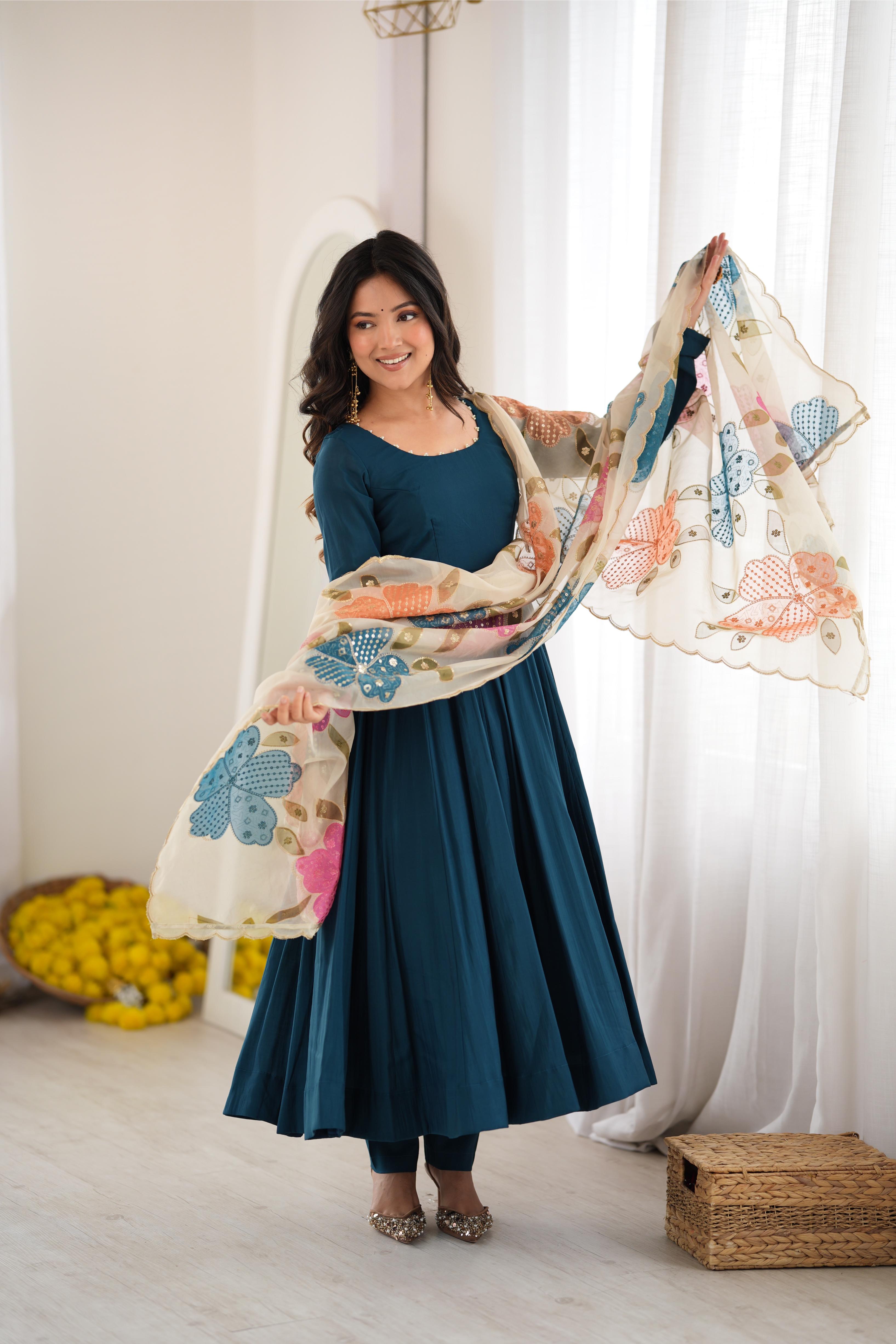 Stylish Teal Roman Silk Anarkali Gown Set | Tulip Designer