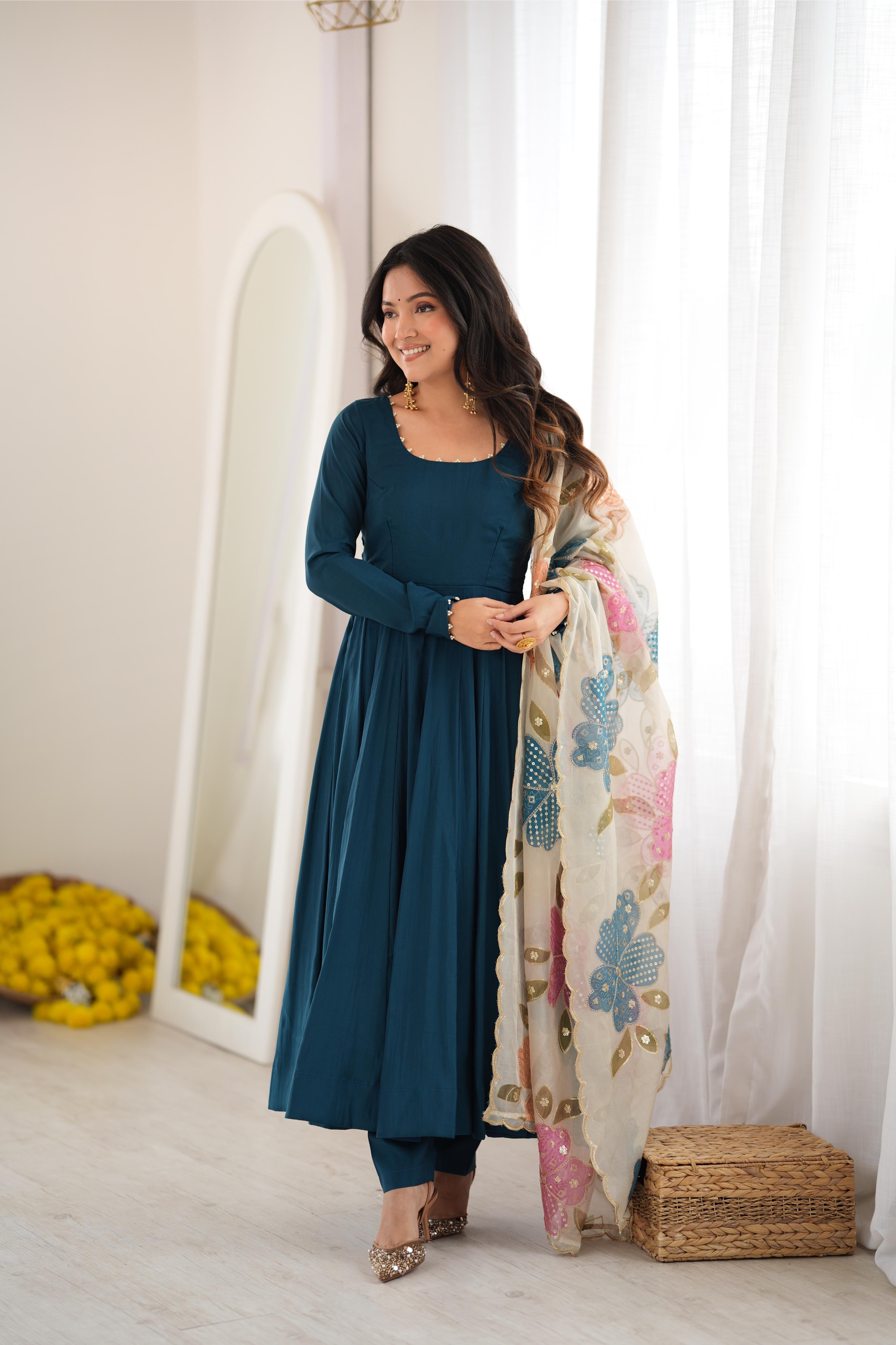 Stylish Teal Roman Silk Anarkali Gown Set | Tulip Designer