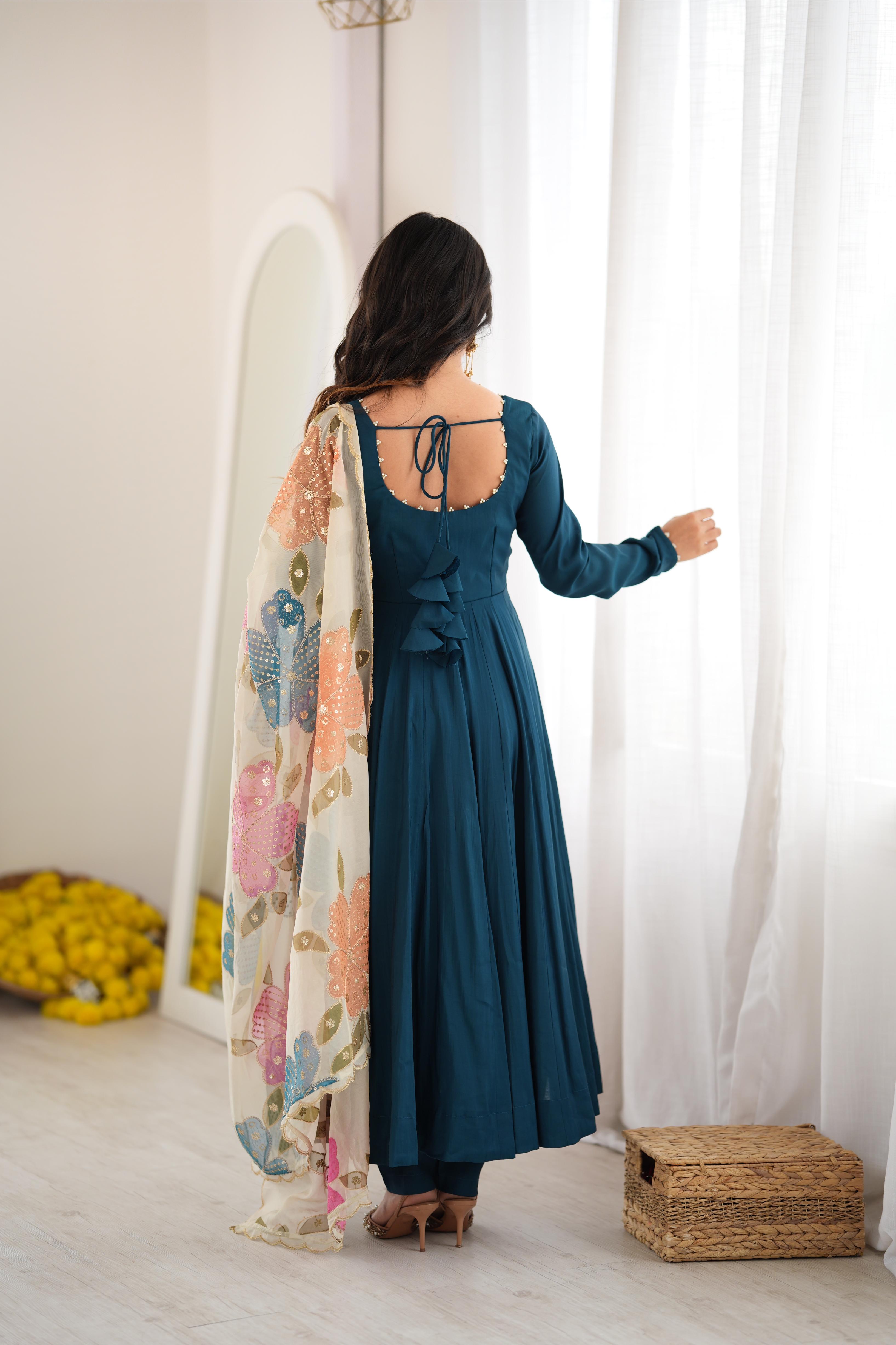 Stylish Teal Roman Silk Anarkali Gown Set | Tulip Designer