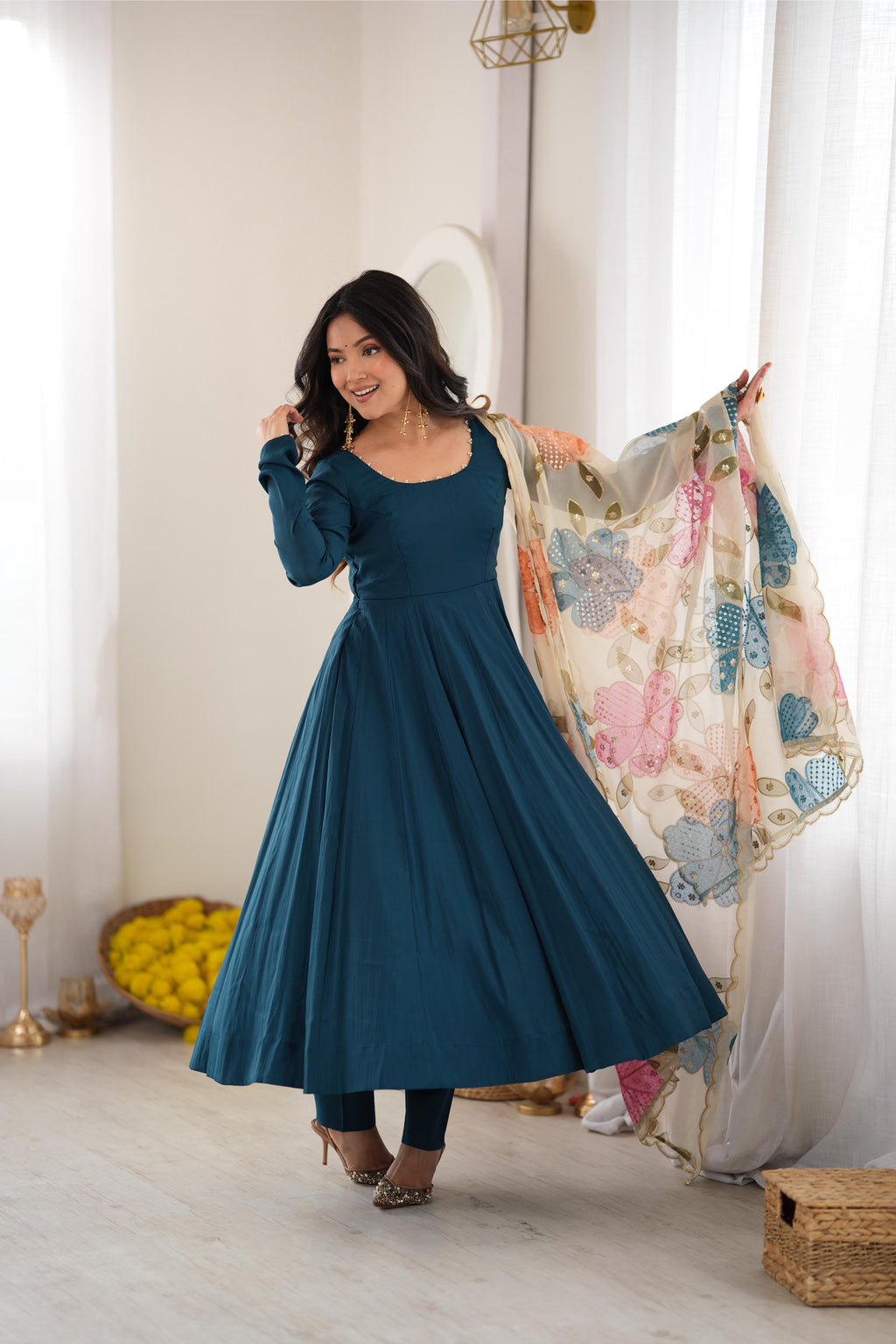 Stylish Teal Roman Silk Anarkali Gown Set | Tulip Designer