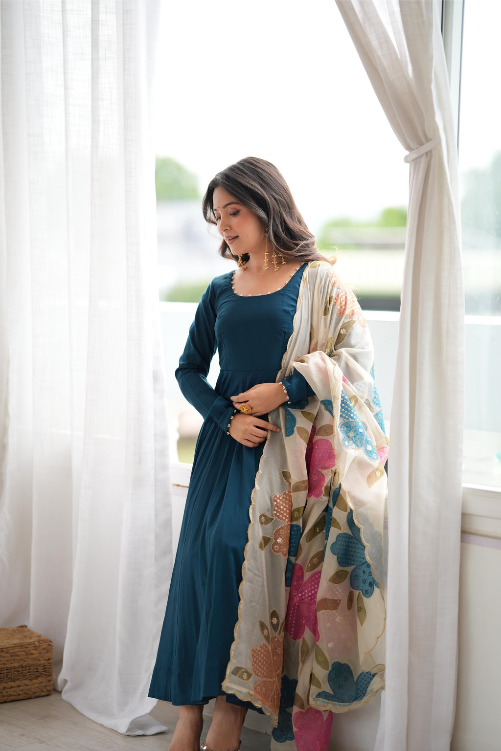 Stylish Teal Roman Silk Anarkali Gown Set | Tulip Designer