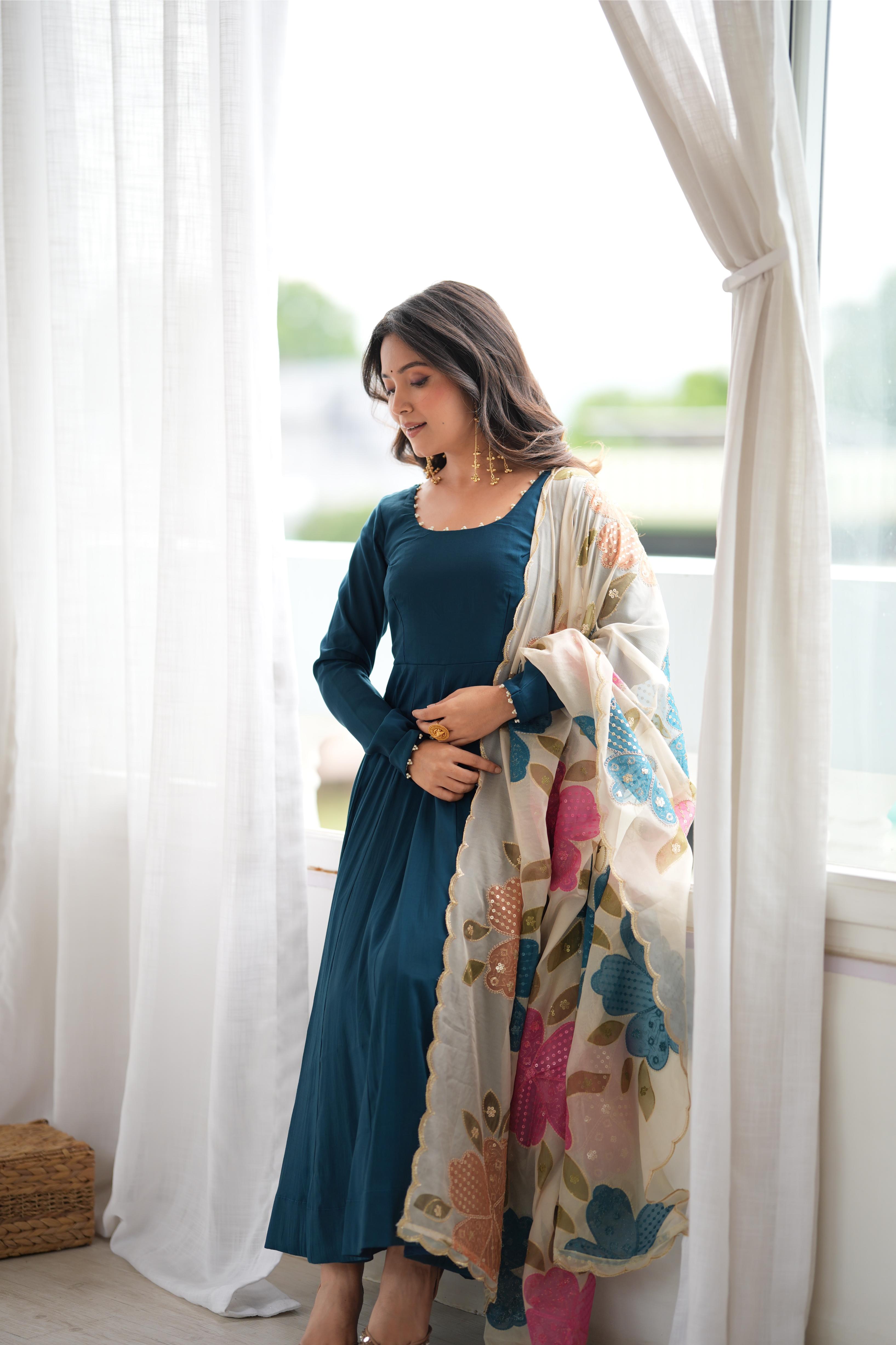 Stylish Teal Roman Silk Anarkali Gown Set | Tulip Designer