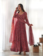 Maroon Color Pure Soft For Georgette Anarkali Suit With Huge Flair Comes With Duppatta & Pant