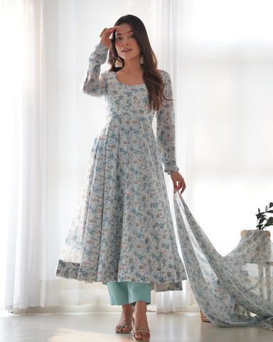 New Digitally Printed Pure Soft Organza Anarkali Suit With Huge Flair Comes With Duppatta & Pant