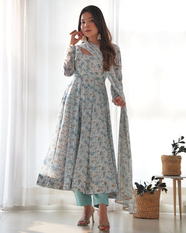 New Digitally Printed Pure Soft Organza Anarkali Suit With Huge Flair Comes With Duppatta & Pant