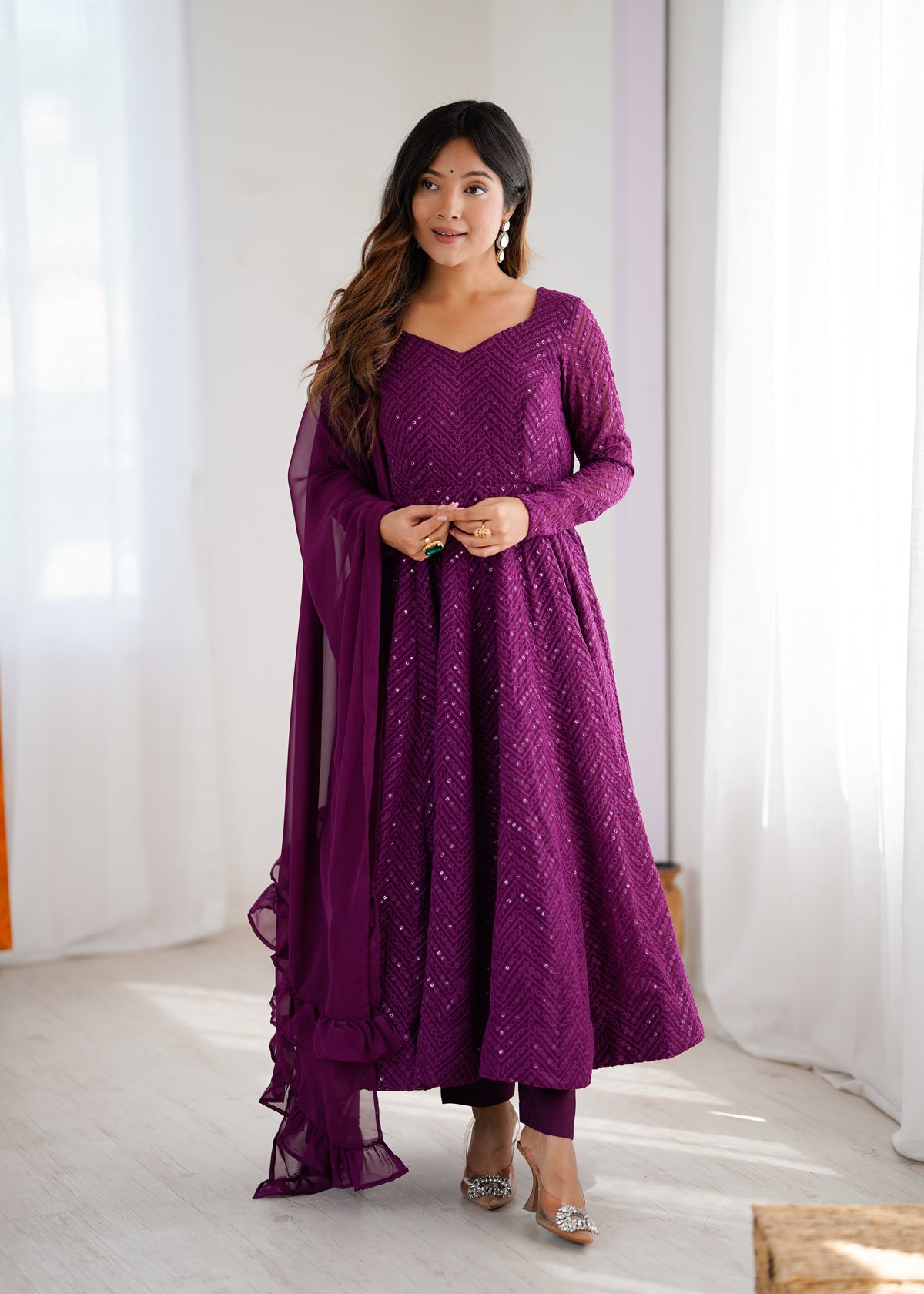 Lucknowi Elegance Wine Anarkali Suit
