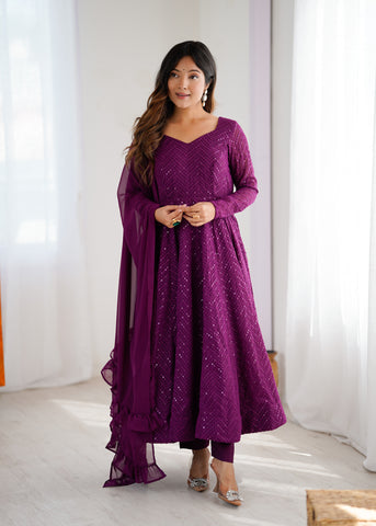 Lucknowi Elegance Wine Anarkali Suit