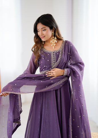 Purple Pure Crunchy Silk Flared Anarkali Gown Set with Dupatta