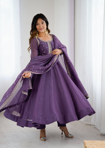 Purple Pure Crunchy Silk Flared Anarkali Gown Set with Dupatta