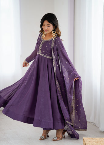 Purple Pure Crunchy Silk Flared Anarkali Gown Set with Dupatta