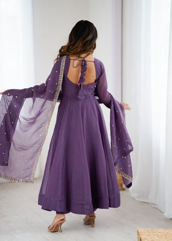 Purple Pure Crunchy Silk Flared Anarkali Gown Set with Dupatta