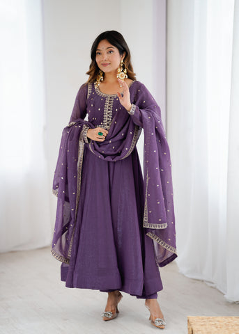 Purple Pure Crunchy Silk Flared Anarkali Gown Set with Dupatta