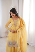 Yellow Crunchy Silk Embroidery Suit Set | Tulip Designer
