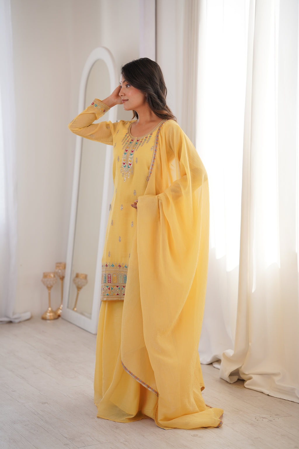 Yellow Crunchy Silk Embroidery Suit Set | Tulip Designer