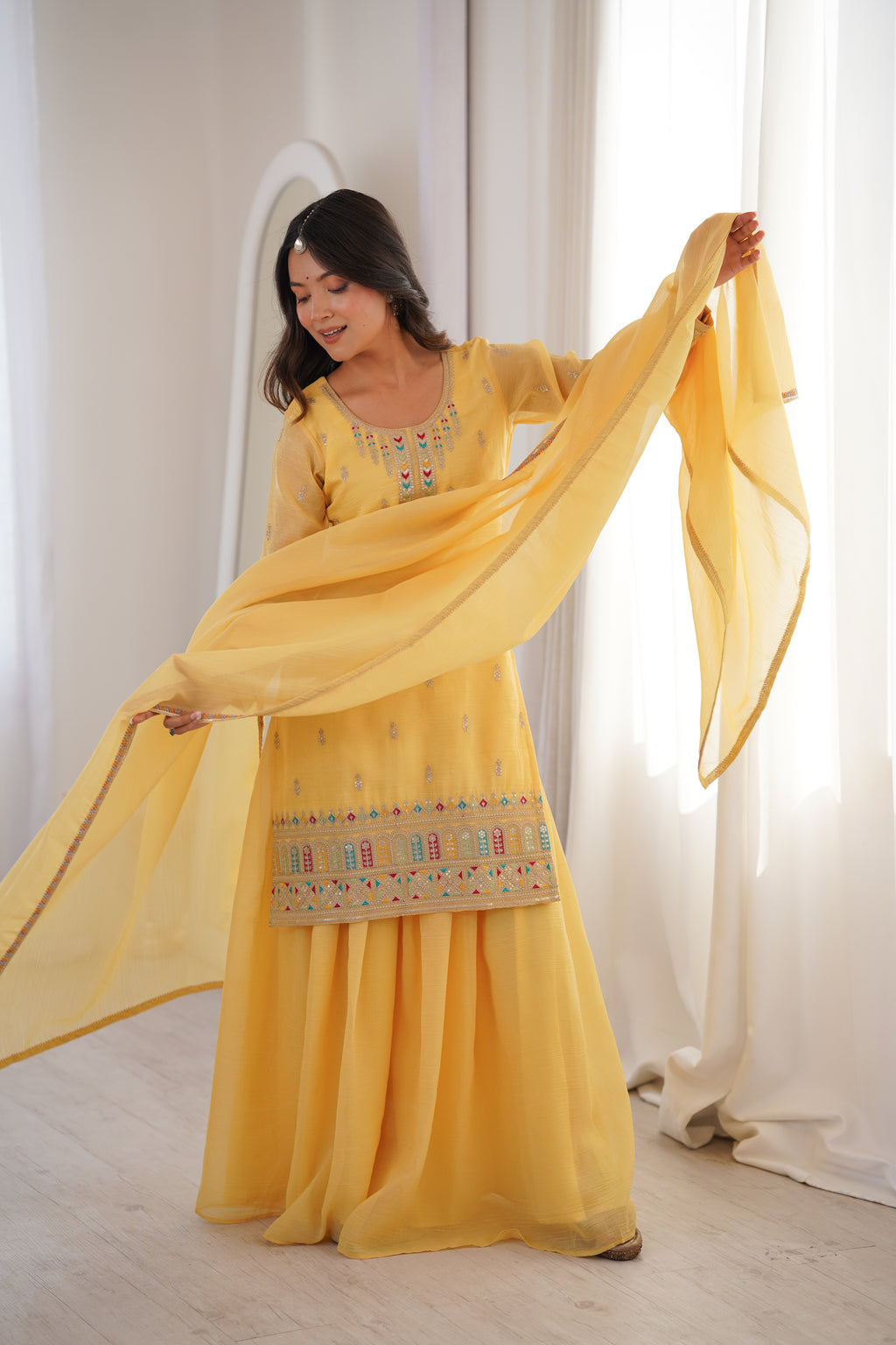 Yellow Crunchy Silk Embroidery Suit Set | Tulip Designer