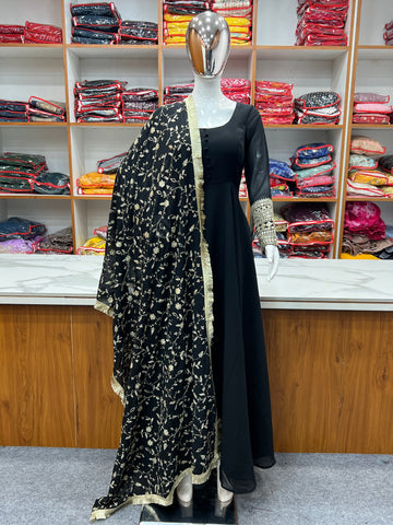 Black Color Pure Faux Georgette Kurti With Huge Flair Comes With Duppatta & Pant