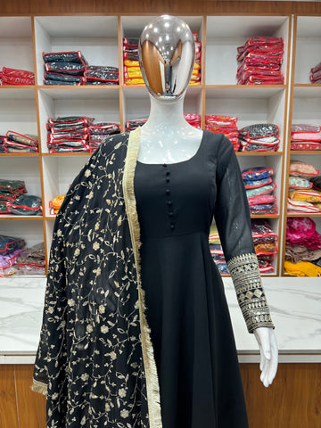 Black Color Pure Faux Georgette Kurti With Huge Flair Comes With Duppatta & Pant