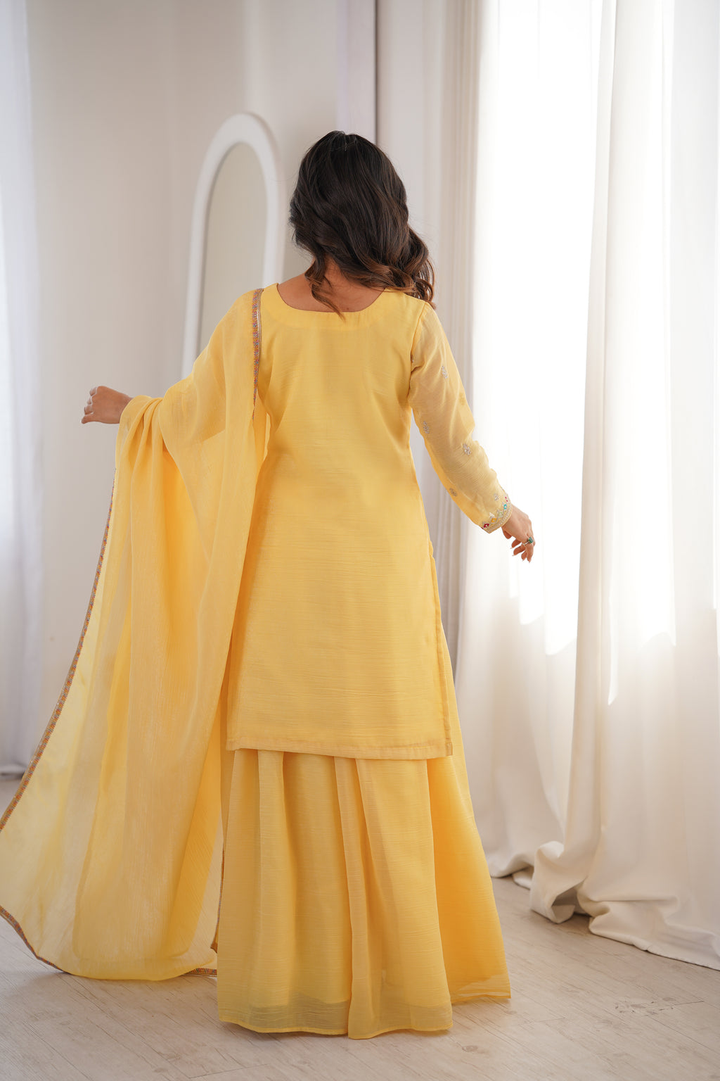 Yellow Crunchy Silk Embroidery Suit Set | Tulip Designer