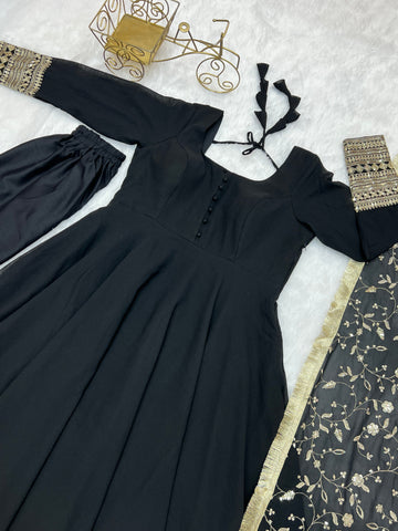 Black Color Pure Faux Georgette Kurti With Huge Flair Comes With Duppatta & Pant