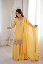 Yellow Crunchy Silk Embroidery Suit Set | Tulip Designer