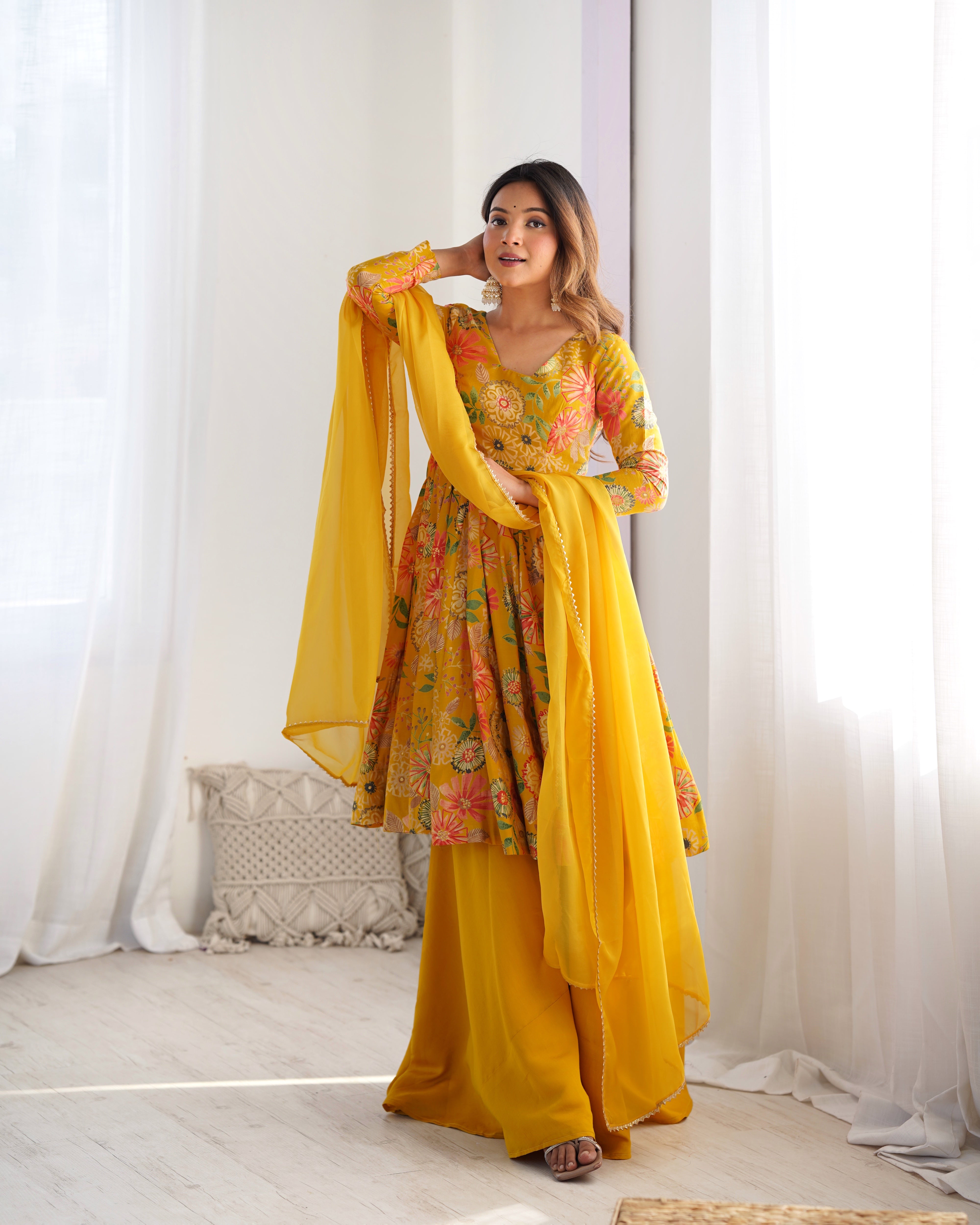 The Charm of Vibrant Traditions Yellow Top & Palazzo Suit