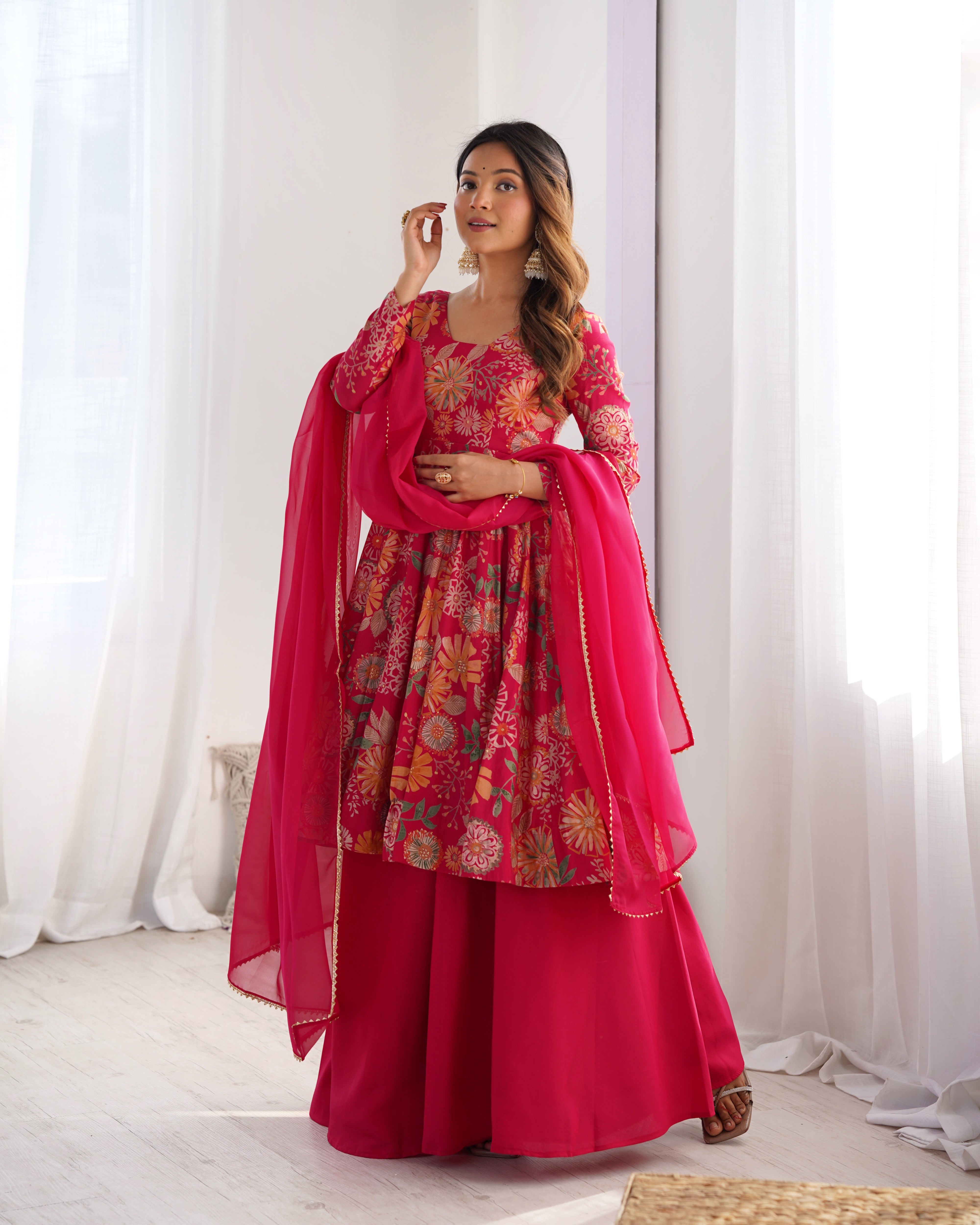 The Charm of Vibrant Traditions Pink Top & Palazzo Suit