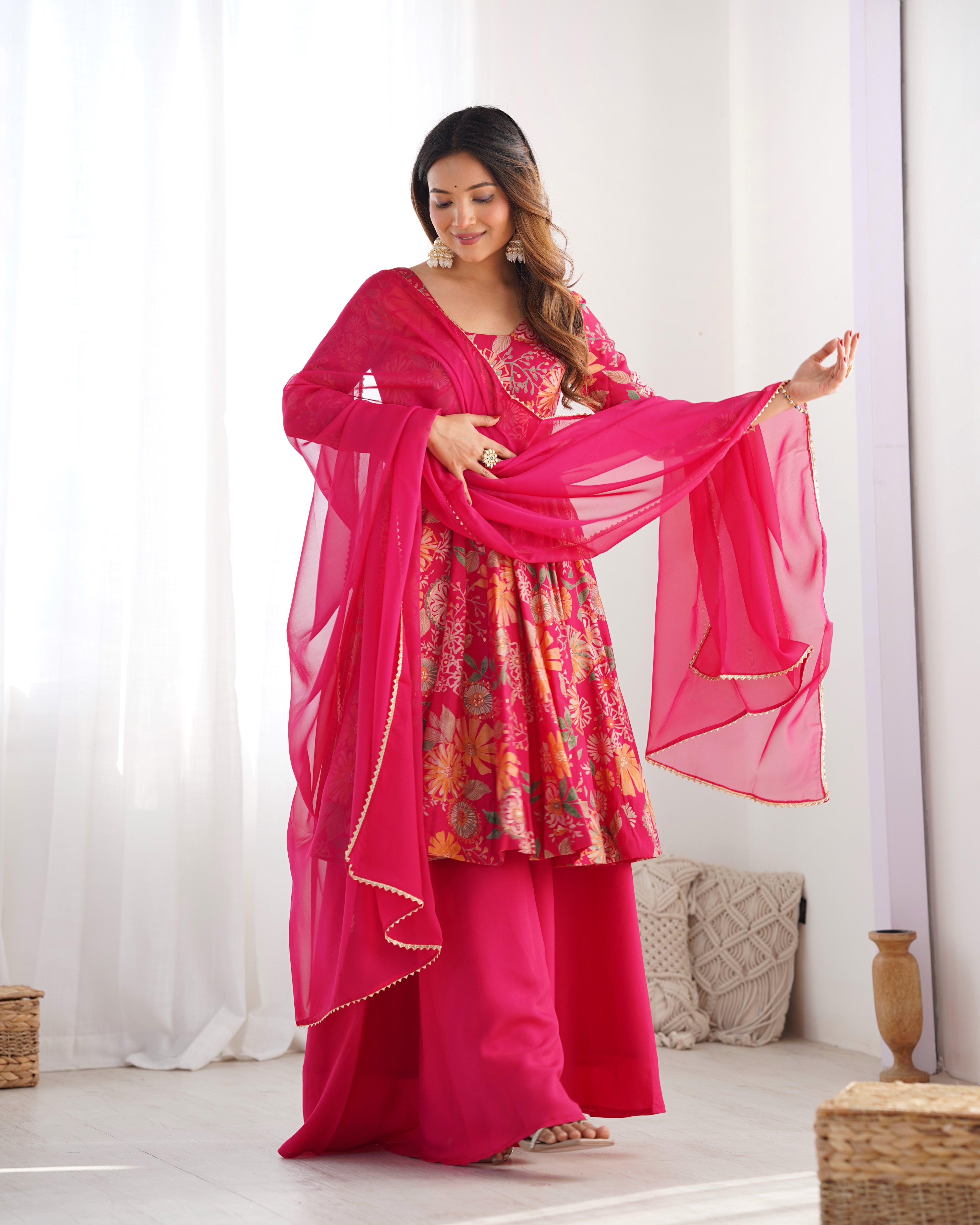 The Charm of Vibrant Traditions Pink Top & Palazzo Suit