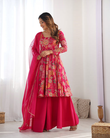 The Charm of Vibrant Traditions Pink Top & Palazzo Suit