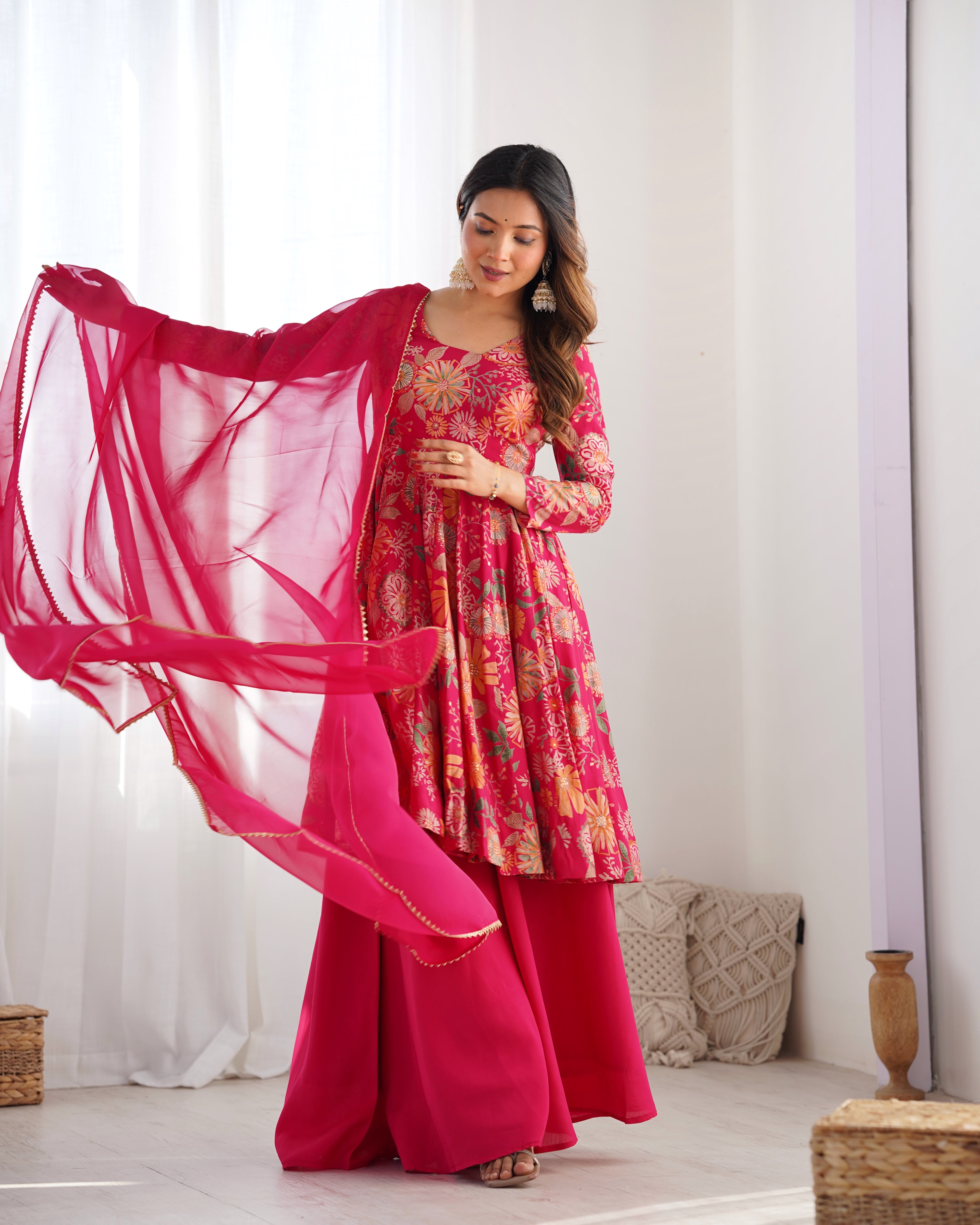 The Charm of Vibrant Traditions Pink Top & Palazzo Suit