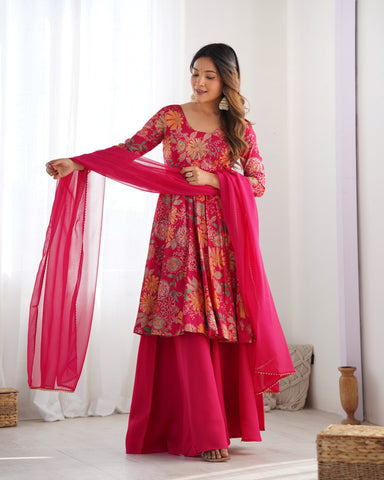 The Charm of Vibrant Traditions Pink Top & Palazzo Suit