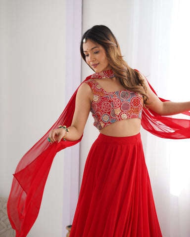 Red Pure Soft Fox Georgette Lehenga Set With Huge Flair & Dupatta